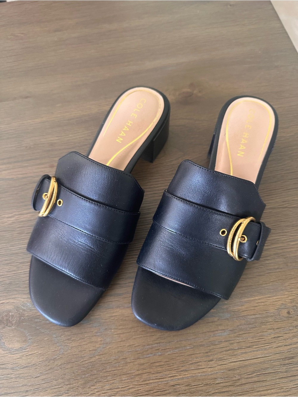 Cole Haan Crosby Black Leather Buckle Mule Sandals with Gold Accent